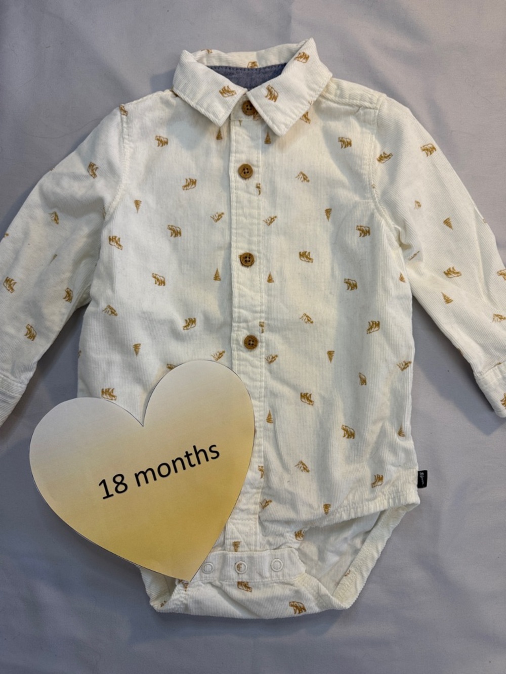 OshKosh B'gosh - Cream Corduroy Button Down Shirt/Onesie with Bear design
